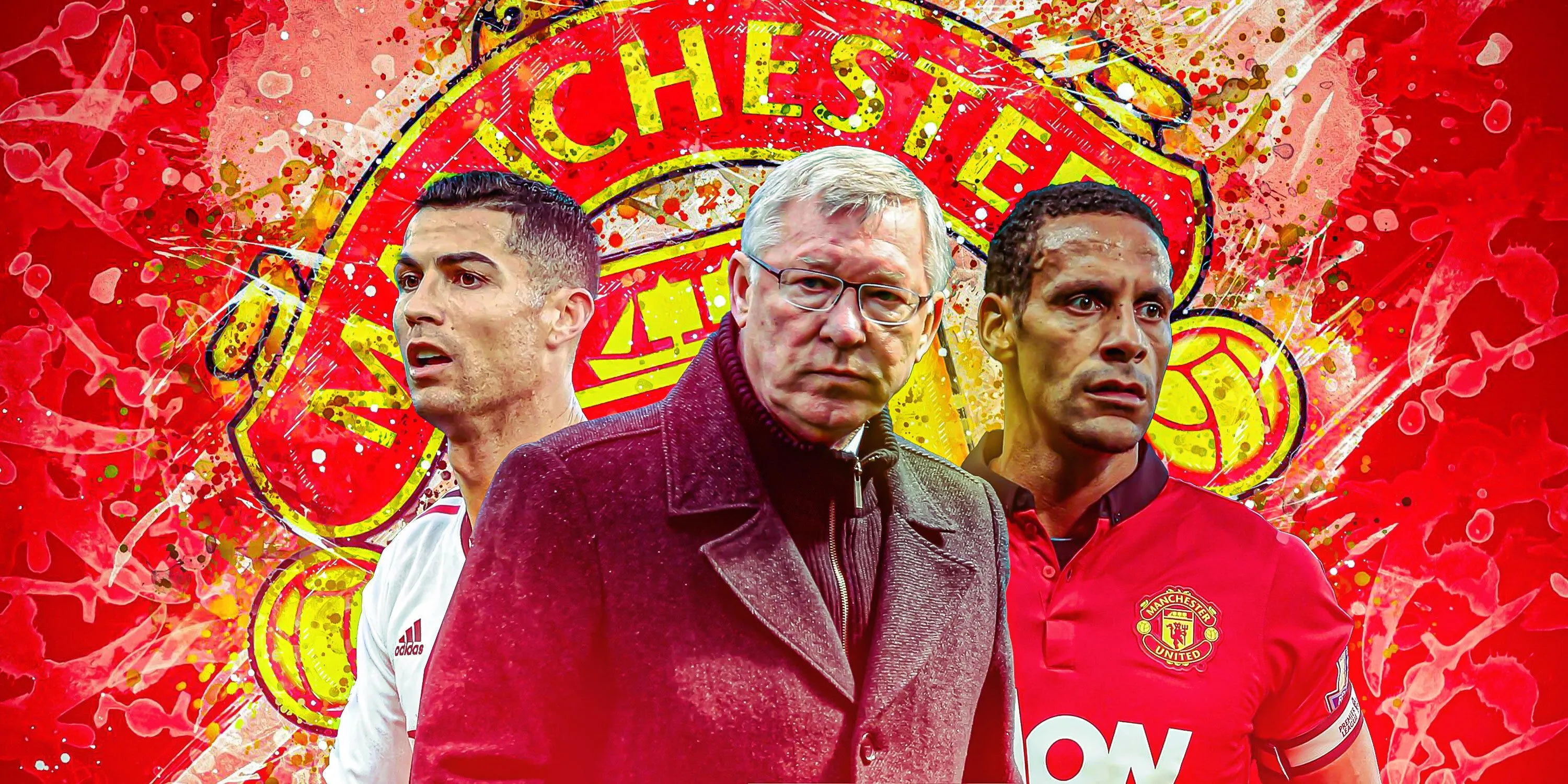 Các huyền thoại Man Utd Cristiano Ronaldo, Sir Alex Ferguson, Rio Ferdinand (minh họa cho lịch sử CLB)