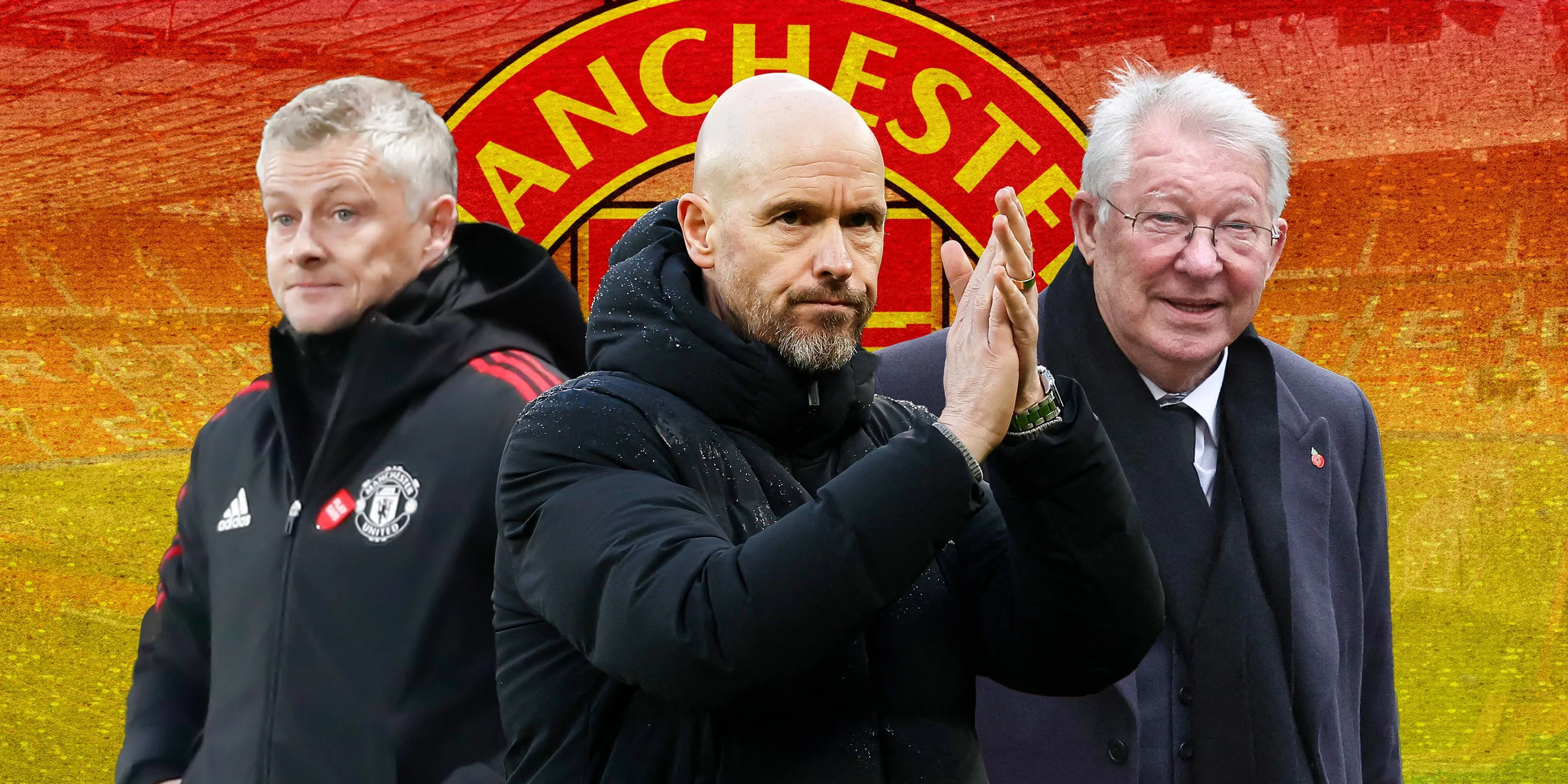 Ba huấn luyện viên của Manchester United: Ole Gunnar Solskjaer, Erik ten Hag và Sir Alex Ferguson