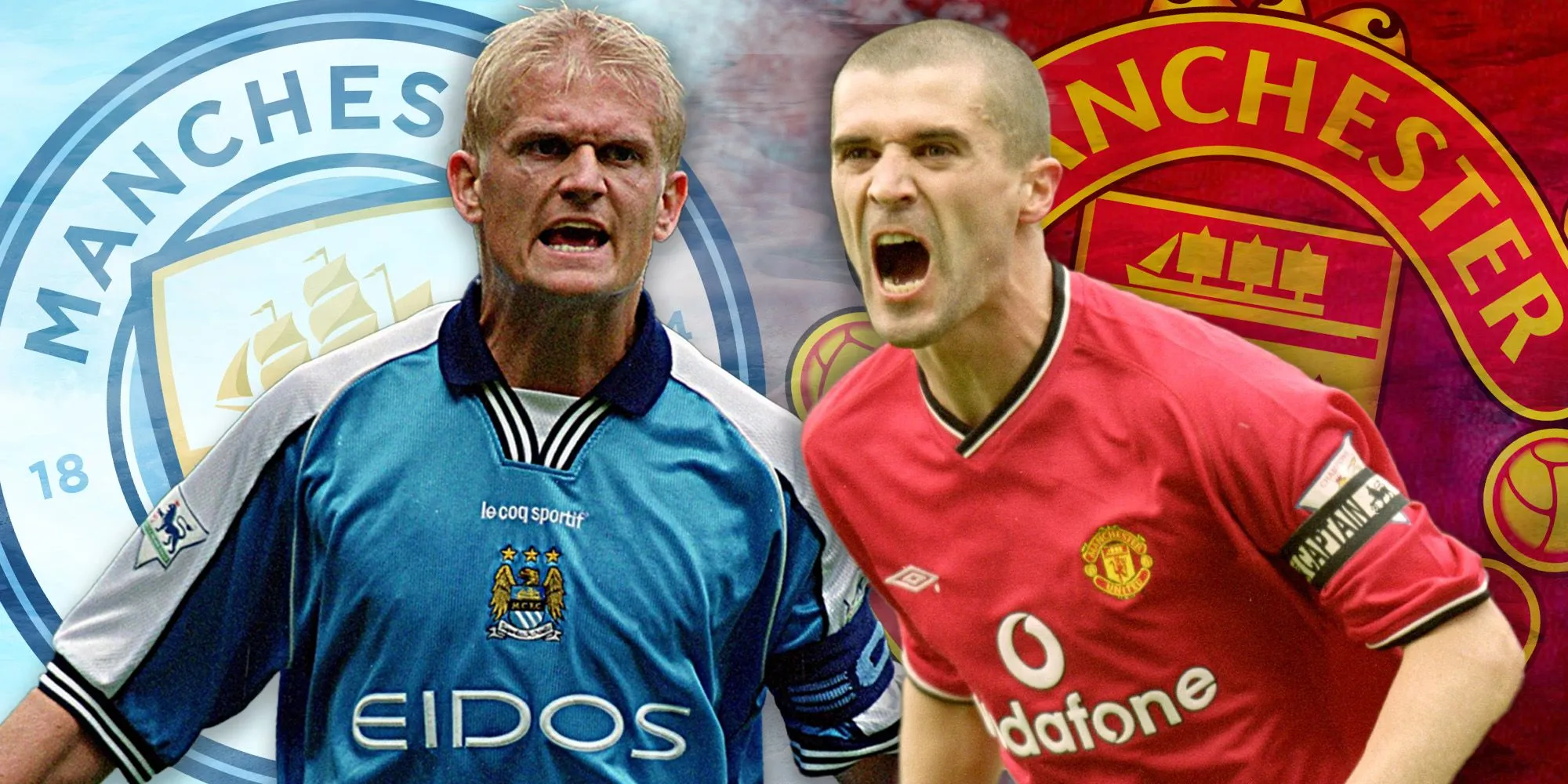Roy Keane vào bóng nguy hiểm với Alf-Inge Haaland trong trận đấu Man Utd vs Man City
