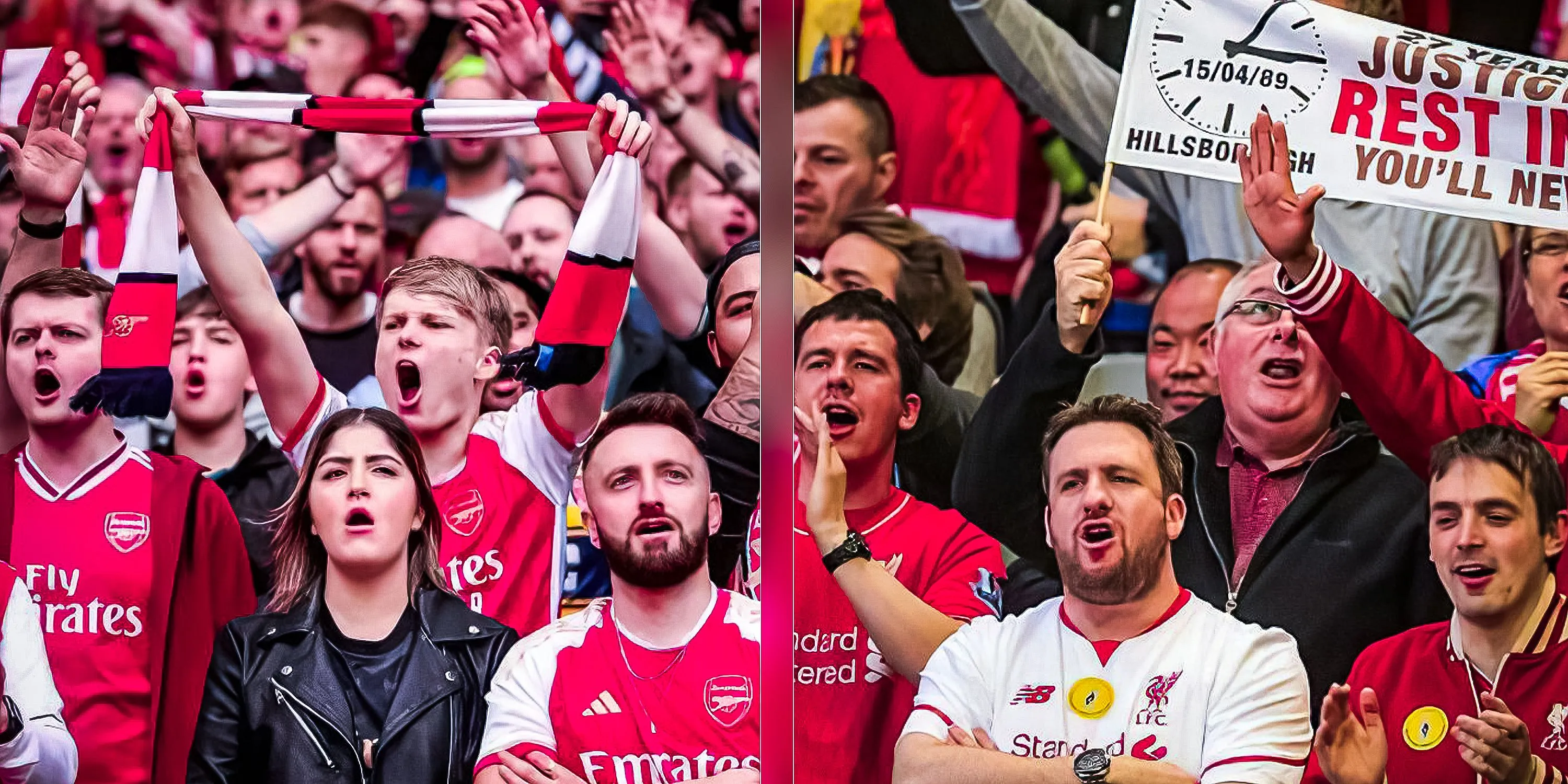 Cổ động viên Arsenal và Liverpool trên khán đài, biểu tượng của tinh thần bóng đá Ngoại hạng Anh.